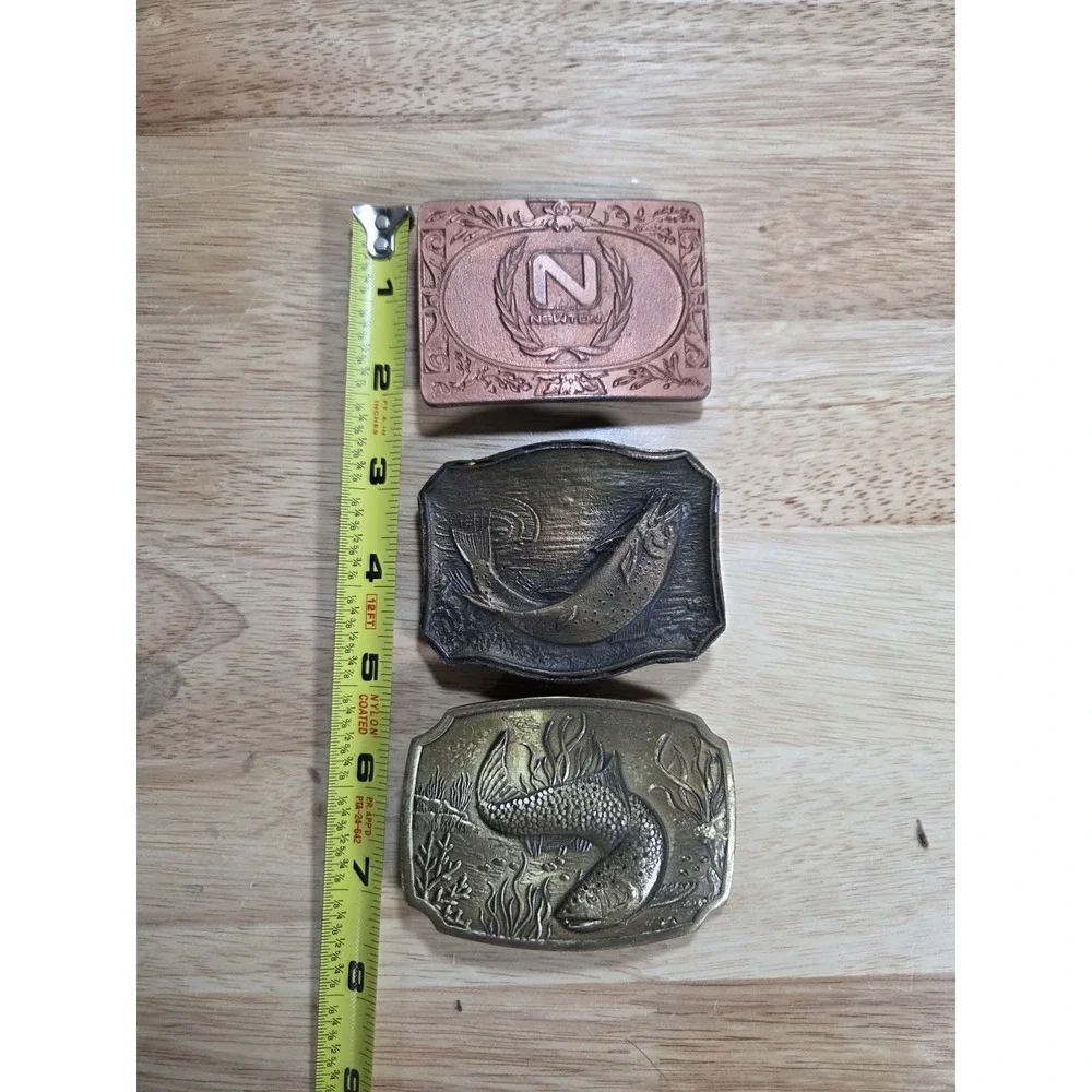 Vintage Belt Buckle Lot 3 Trout Fish Fishing Newton Mfg Solid Brass Mens